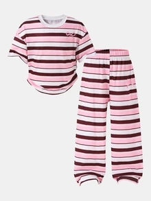 SHEIN 2件組少女針織條紋休閒T恤與長褲套裝，柔軟舒適返校穿搭 - 粉色 - 查看 5