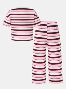 SHEIN 2件組少女針織條紋休閒T恤與長褲套裝，柔軟舒適返校穿搭 - 粉色 - 查看 2