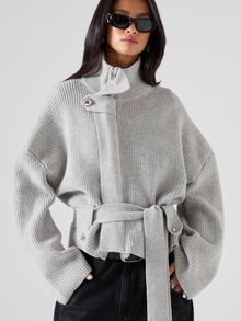 LYSMO 2025 New Minimalism Light Grey Women's Casual Ribbed Cardigan,Autumn Chic Everyday Button Up Cardigan,Solid Color Winter Tops - Light Grey - View 1