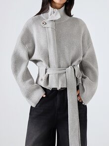 LYSMO 2025 New Minimalism Light Grey Women's Casual Ribbed Cardigan,Autumn Chic Everyday Button Up Cardigan,Solid Color Winter Tops - Light Grey - View 7