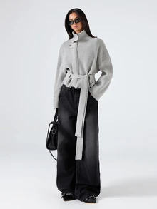 LYSMO 2025 New Minimalism Light Grey Women's Casual Ribbed Cardigan,Autumn Chic Everyday Button Up Cardigan,Solid Color Winter Tops - Light Grey - View 5