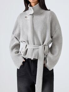 LYSMO 2025 New Minimalism Light Grey Women's Casual Ribbed Cardigan,Autumn Chic Everyday Button Up Cardigan,Solid Color Winter Tops - Light Grey - View 2