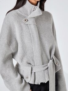 LYSMO 2025 New Minimalism Light Grey Women's Casual Ribbed Cardigan,Autumn Chic Everyday Button Up Cardigan,Solid Color Winter Tops - Light Grey - View 6