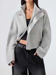 LYSMO 2025 New Minimalism Light Grey Women's Casual Ribbed Cardigan,Autumn Chic Everyday Button Up Cardigan,Solid Color Winter Tops - Light Grey - View 3