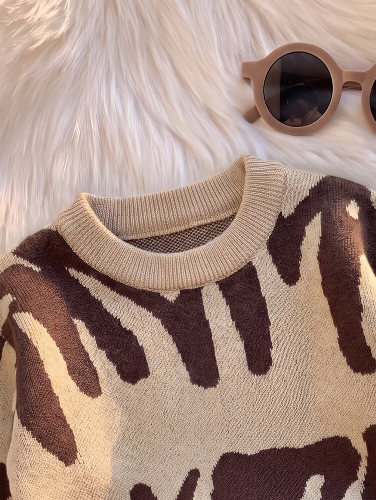 SHEIN Vintaside Kids Baby Boy Autumn/Winter Casual Minimalist Letter Pattern Jacquard Knit Sweater Long Sleeve Top - Brown - View 4