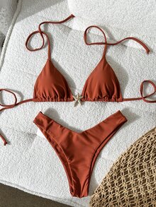 SHEIN Swim Women's Solid Color Spaghetti Strap Metal Decor Sexy Bikini Set, Summer - Brown - View 2