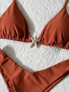 SHEIN Swim Women's Solid Color Spaghetti Strap Metal Decor Sexy Bikini Set, Summer - Brown - View 5