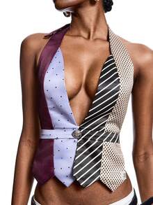 LYSMO Light Blue Summer Chic Party Night Women's Contrast Color Tie Neck Backless Halter Top,Minimalist Patchwork Y2k Blouses For Graduation Season - Multicolor - View 6