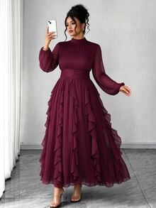 Cravure Plus Size Women's Elegant Party Banquet Birthday Date Long Sleeve Ruffle Hem Dress - Red Violet - View 9
