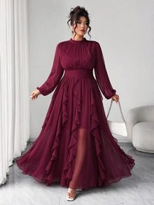 Cravure Plus Size Women's Elegant Party Banquet Birthday Date Long Sleeve Ruffle Hem Dress - Red Violet - View 1