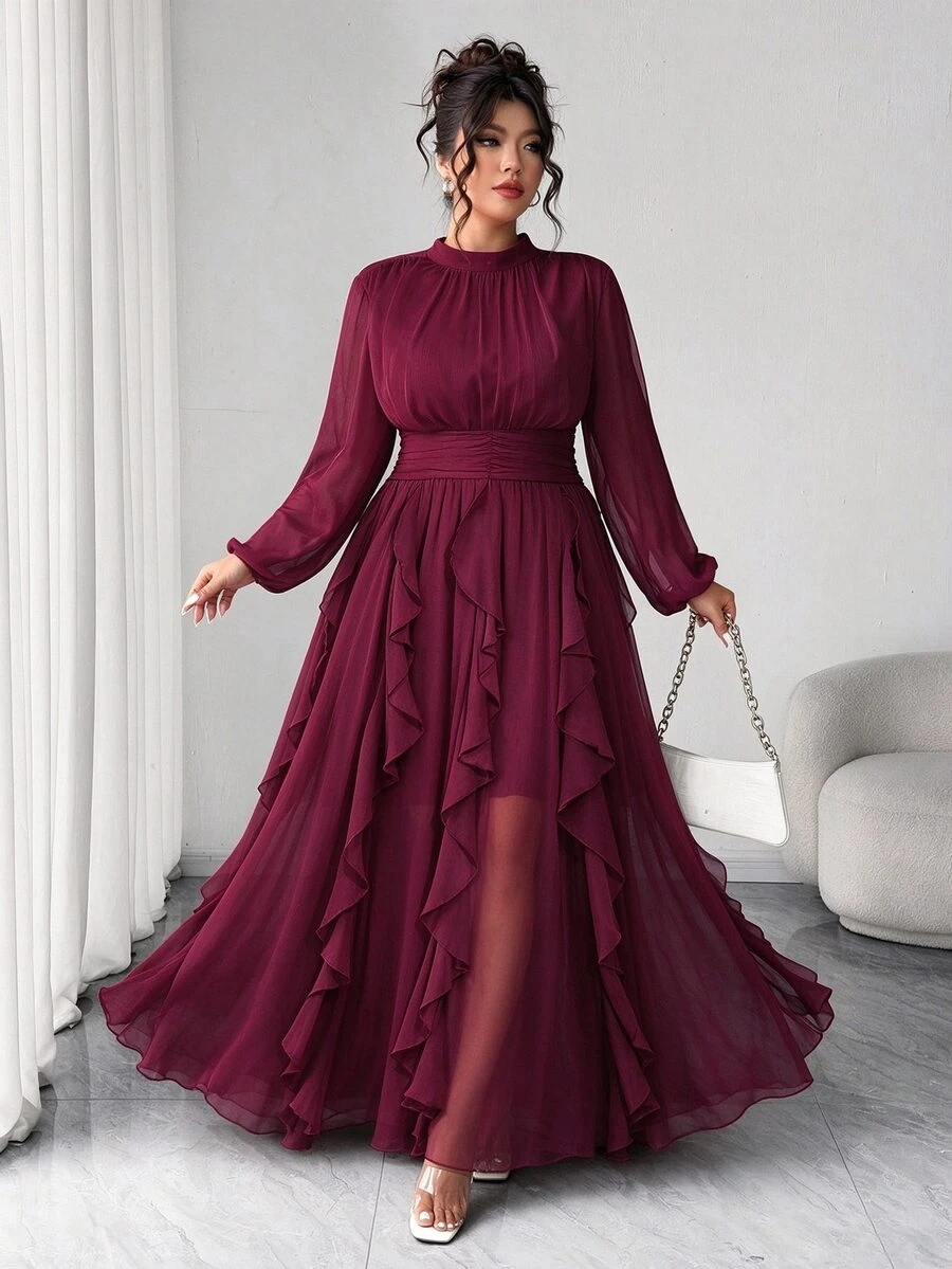 Cravure Plus Size Women's Elegant Party Banquet Birthday Date Long Sleeve Ruffle Hem Dress - Red Violet - View 1
