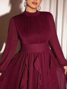 Cravure Plus Size Women's Elegant Party Banquet Birthday Date Long Sleeve Ruffle Hem Dress - Red Violet - View 8