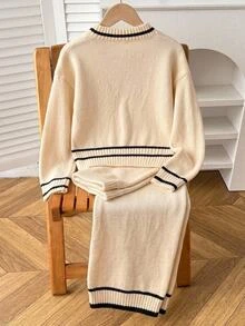 SHEIN Tween Girls Colorblock Minimalist V-Neck Sweater Set - White - View 6