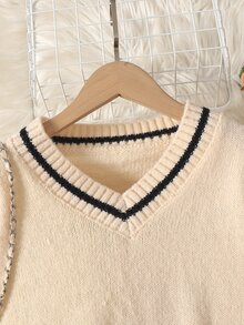 SHEIN Tween Girls Colorblock Minimalist V-Neck Sweater Set - White - View 3
