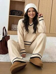 SHEIN Tween Girls Colorblock Minimalist V-Neck Sweater Set - White - View 11