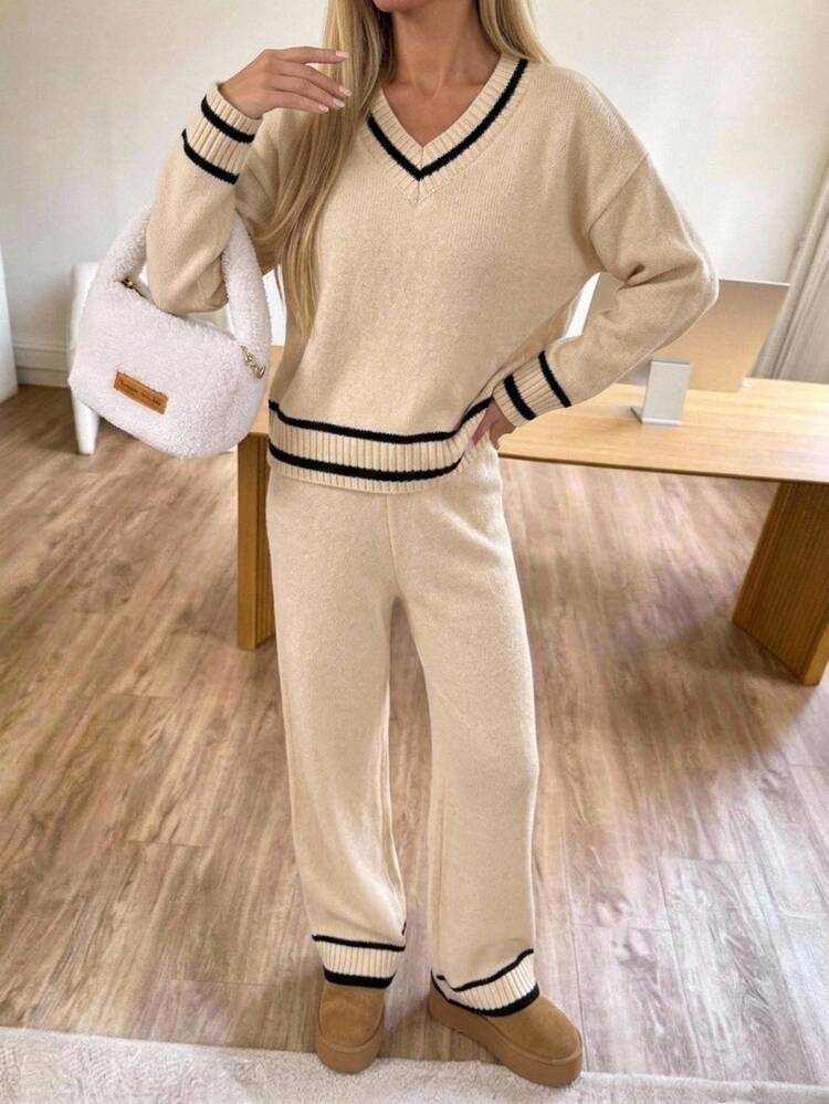 SHEIN 青少年女孩拼色簡約V領針織衫套裝 - 白色 - 查看 9