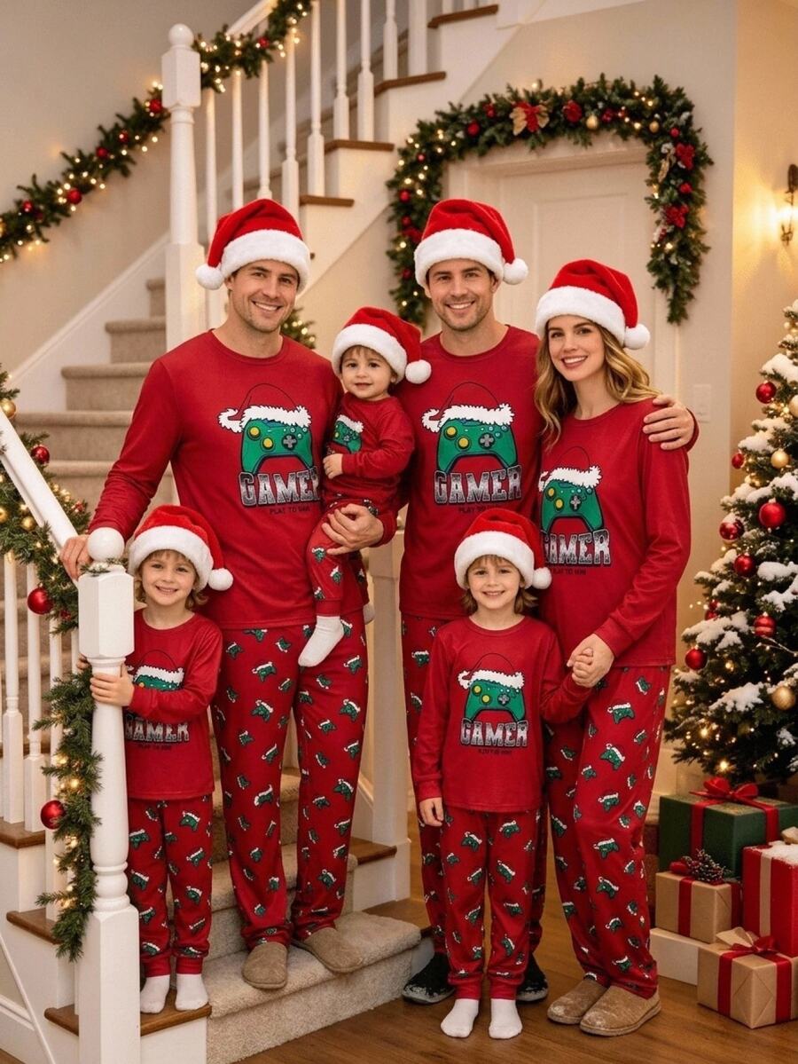 SHEIN Tween Boy Christmas Game Console Pattern Crew Neck Long Sleeve Pants Casual Comfortable Fitted Home Sleepwear Set 2pcs - Red - View 1