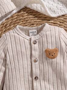 SHEIN Romper Bayi Baru Lahir Motif Beruang Kartun Lengan Panjang Kancing Tunggal - Khaki - View 3