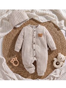 SHEIN Romper Bayi Baru Lahir Motif Beruang Kartun Lengan Panjang Kancing Tunggal - Khaki - View 5