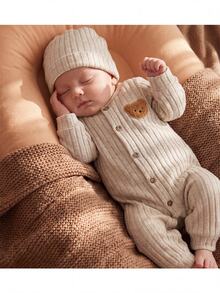 SHEIN Romper Bayi Baru Lahir Motif Beruang Kartun Lengan Panjang Kancing Tunggal - Khaki - View 6