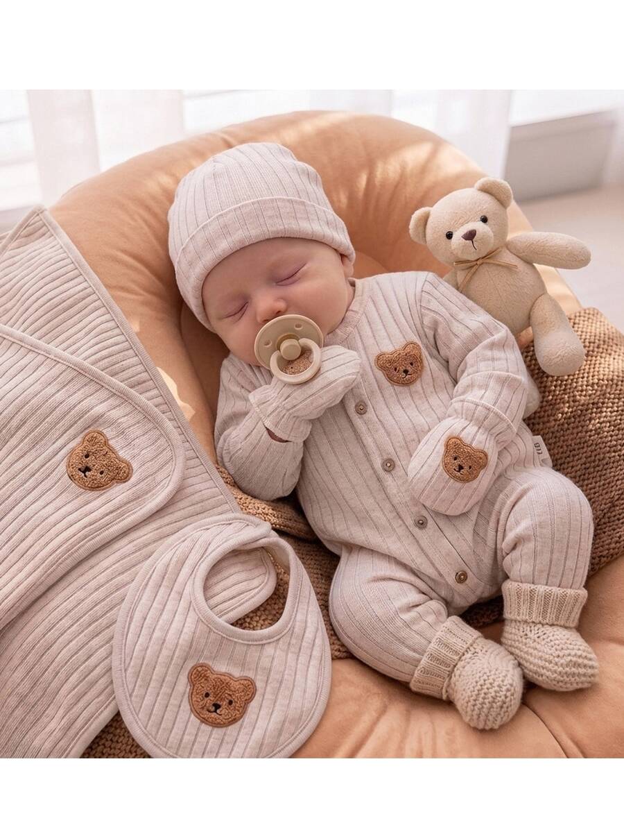 SHEIN Romper Bayi Baru Lahir Motif Beruang Kartun Lengan Panjang Kancing Tunggal - Khaki - View 1