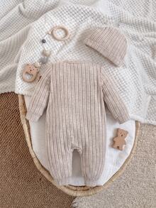 SHEIN Romper Bayi Baru Lahir Motif Beruang Kartun Lengan Panjang Kancing Tunggal - Khaki - View 2