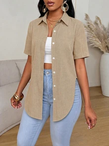 Xyvia Women's Solid Color Short Sleeve Single-Breasted Casual Shirt - Apricot - View 5