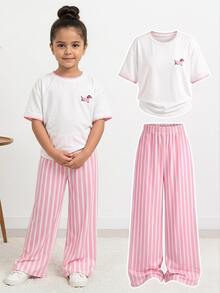 SHEIN Young Girl Dachshund Print T-Shirt And Striped Long Pants Set - Multicolor - View 1