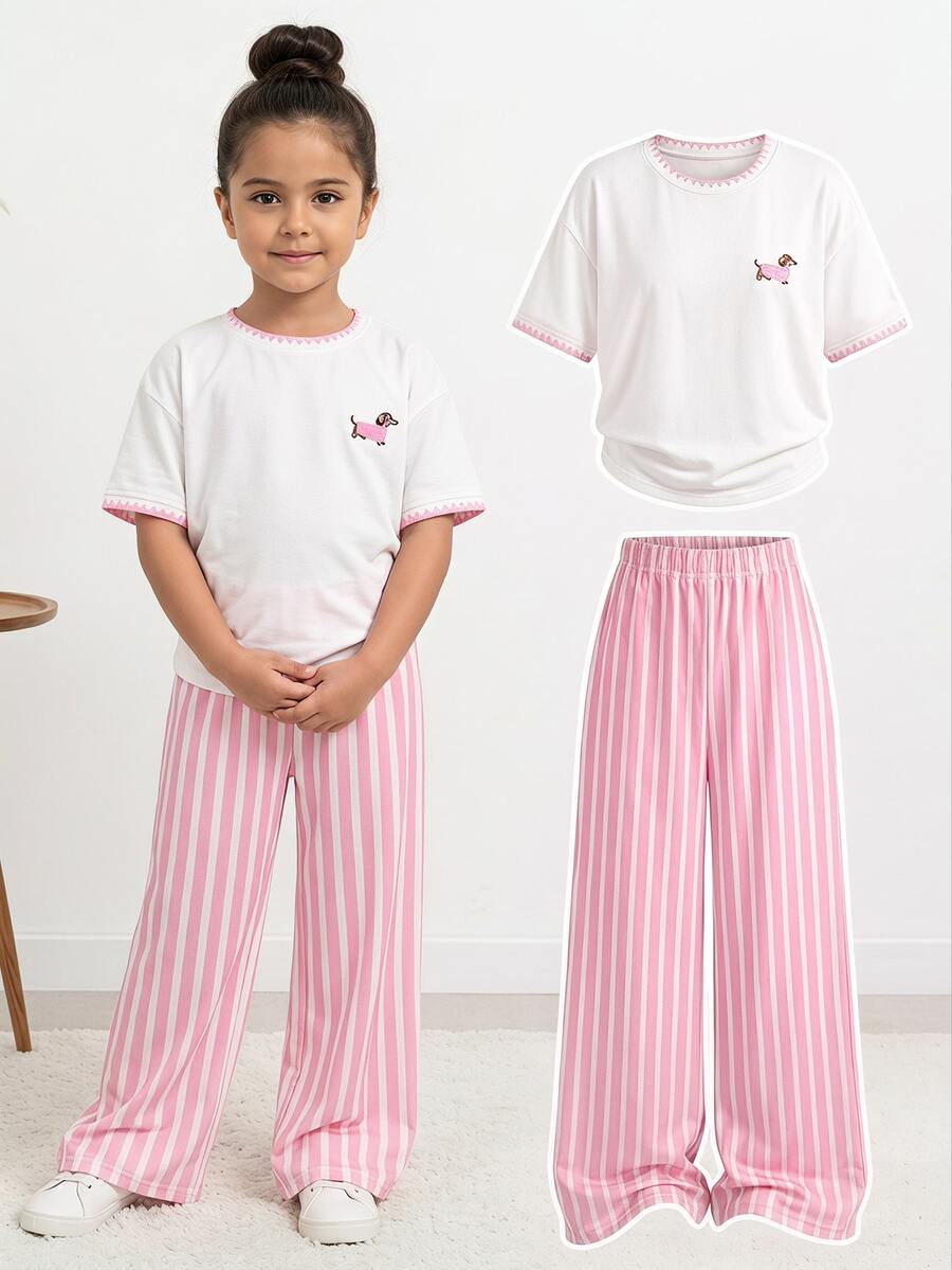 SHEIN Young Girl Dachshund Print T-Shirt And Striped Long Pants Set - Multicolor - View 1