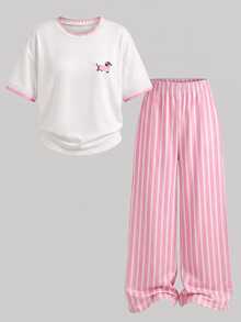 SHEIN Young Girl Dachshund Print T-Shirt And Striped Long Pants Set - Multicolor - View 9
