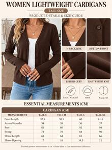 SHEIN كارديجان نسائي كاجوال بمقاس طويل، بلون سادة، منسوج بأضلاع، بحافة سفلية، بأزرار أمامية، بني داكن، مناسب للخريف وعيد الشكر والمكتب - بني - مشاهدة 3