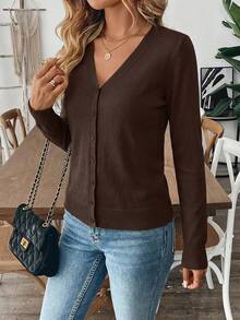 SHEIN كارديجان نسائي كاجوال بمقاس طويل، بلون سادة، منسوج بأضلاع، بحافة سفلية، بأزرار أمامية، بني داكن، مناسب للخريف وعيد الشكر والمكتب - بني - مشاهدة 6