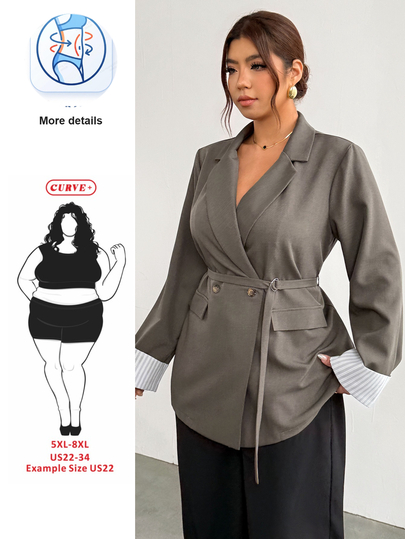 SHEIN CURVE+ French Style Plus Size Women's Lapel Neck Double-Breasted Patchwork Striped Cuff Casual Blazer, Suitable For Autumn/Winter 5XL-8XL