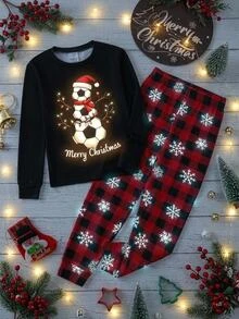 SHEIN Tween Boy Soccer Pattern Crew Neck Long Sleeve Pants Casual Comfortable Slim Fit Home Sleepwear Set 2pcs, Christmas - Black - View 3