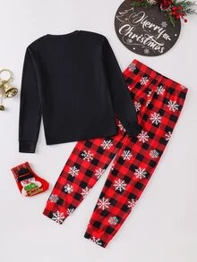 SHEIN Tween Boy Soccer Pattern Crew Neck Long Sleeve Pants Casual Comfortable Slim Fit Home Sleepwear Set 2pcs, Christmas - Black - View 2