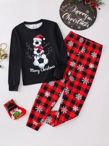 SHEIN Tween Boy Soccer Pattern Crew Neck Long Sleeve Pants Casual Comfortable Slim Fit Home Sleepwear Set 2pcs, Christmas - Black - View 9