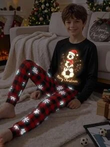 SHEIN Tween Boy Soccer Pattern Crew Neck Long Sleeve Pants Casual Comfortable Slim Fit Home Sleepwear Set 2pcs, Christmas - Black - View 1