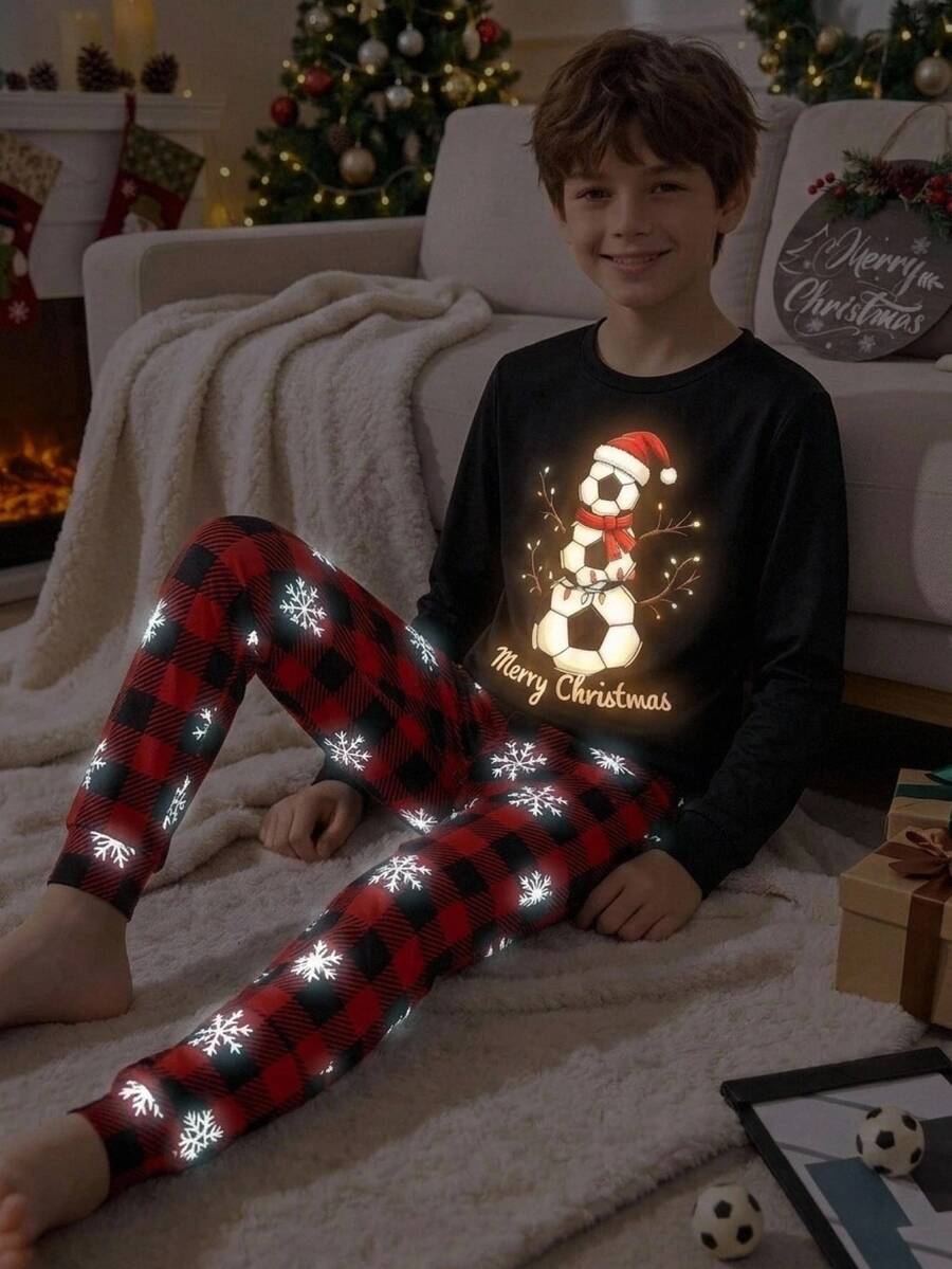 SHEIN Tween Boy Soccer Pattern Crew Neck Long Sleeve Pants Casual Comfortable Slim Fit Home Sleepwear Set 2pcs, Christmas - Black - View 1