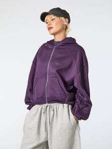 COUREZ Zip Through Oversized Casual Sweatshirt / Y2K Fall Clothes For Women Tops Outfit Long Sleeve Hooded Sweatshirt Street Going Out Jogging Dark Purple - Purple - View 5
