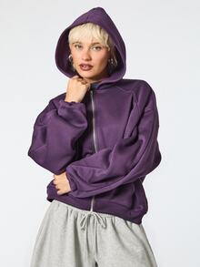 COUREZ Zip Through Oversized Casual Sweatshirt / Y2K Fall Clothes For Women Tops Outfit Long Sleeve Hooded Sweatshirt Street Going Out Jogging Dark Purple - Purple - View 1