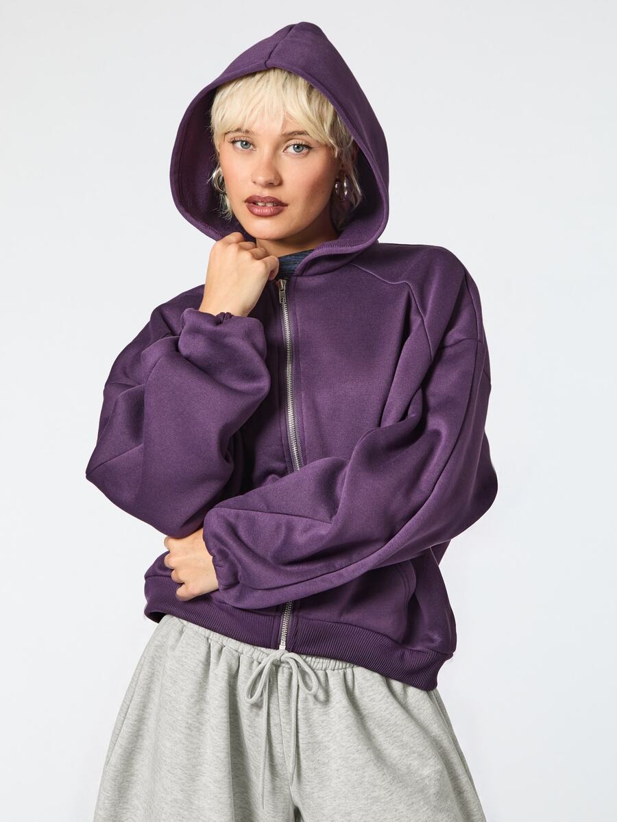 COUREZ Zip Through Oversized Casual Sweatshirt / Y2K Fall Clothes For Women Tops Outfit Long Sleeve Hooded Sweatshirt Street Going Out Jogging Dark Purple - Purple - View 1