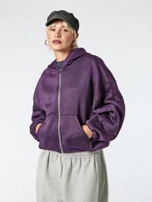 COUREZ Zip Through Oversized Casual Sweatshirt / Y2K Fall Clothes For Women Tops Outfit Long Sleeve Hooded Sweatshirt Street Going Out Jogging Dark Purple - Purple - View 7