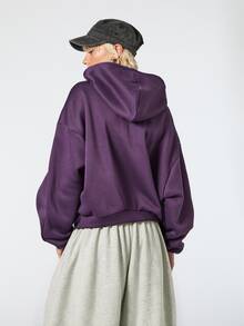 COUREZ Zip Through Oversized Casual Sweatshirt / Y2K Fall Clothes For Women Tops Outfit Long Sleeve Hooded Sweatshirt Street Going Out Jogging Dark Purple - Purple - View 3