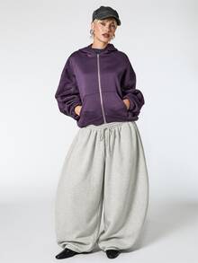 COUREZ Zip Through Oversized Casual Sweatshirt / Y2K Fall Clothes For Women Tops Outfit Long Sleeve Hooded Sweatshirt Street Going Out Jogging Dark Purple - Purple - View 4