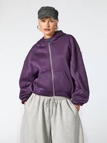 COUREZ Zip Through Oversized Casual Sweatshirt / Y2K Fall Clothes For Women Tops Outfit Long Sleeve Hooded Sweatshirt Street Going Out Jogging Dark Purple - Purple - View 2