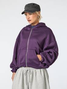 COUREZ Zip Through Oversized Casual Sweatshirt / Y2K Fall Clothes For Women Tops Outfit Long Sleeve Hooded Sweatshirt Street Going Out Jogging Dark Purple - Purple - View 6