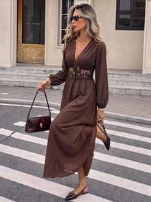 SHEIN Frenchy Women's Solid Color Deep V-Neck Lantern Sleeve Waist-Cinching Lace Patchwork Elegant Dress,Fall/Winter Elegant Formal Luxury Business Chic Basic - Brown - View 7