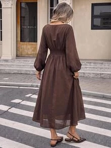 SHEIN Frenchy Women's Solid Color Deep V-Neck Lantern Sleeve Waist-Cinching Lace Patchwork Elegant Dress,Fall/Winter Elegant Formal Luxury Business Chic Basic - Brown - View 2