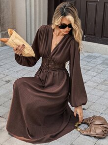 SHEIN Frenchy Women's Solid Color Deep V-Neck Lantern Sleeve Waist-Cinching Lace Patchwork Elegant Dress,Fall/Winter Elegant Formal Luxury Business Chic Basic - Brown - View 12