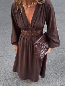 SHEIN Frenchy Women's Solid Color Deep V-Neck Lantern Sleeve Waist-Cinching Lace Patchwork Elegant Dress,Fall/Winter Elegant Formal Luxury Business Chic Basic - Brown - View 3